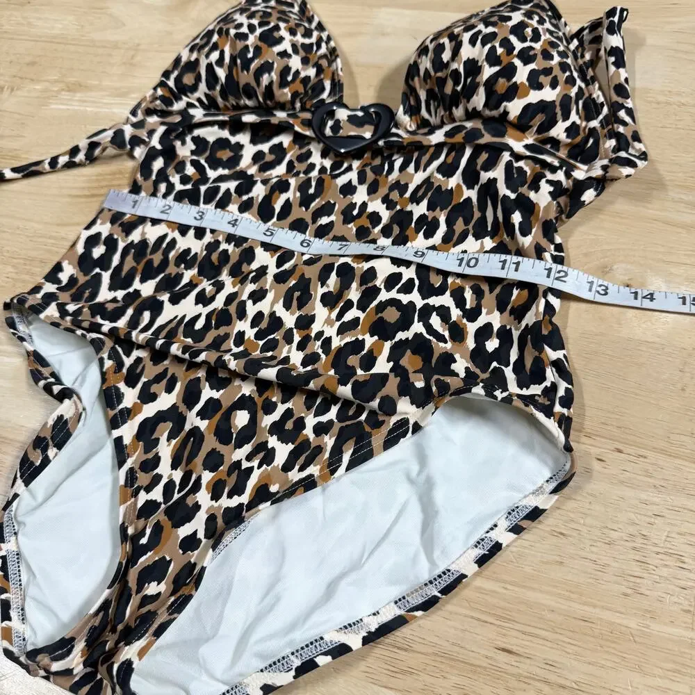 Kate Spade NWT Leopard Animal-Print Halter One-Piece Swimsuit Belt Heart Size M